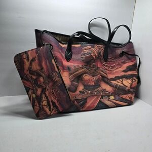 African Warrior Queen Tote Bag with Matching Pouch Savanna Sunset Vegan Leather